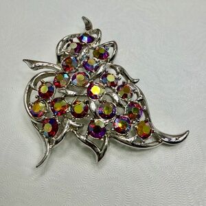 Vintage Sarah Coventry Dazzling Aurora Colorful Rhinestone Leaf Brooch